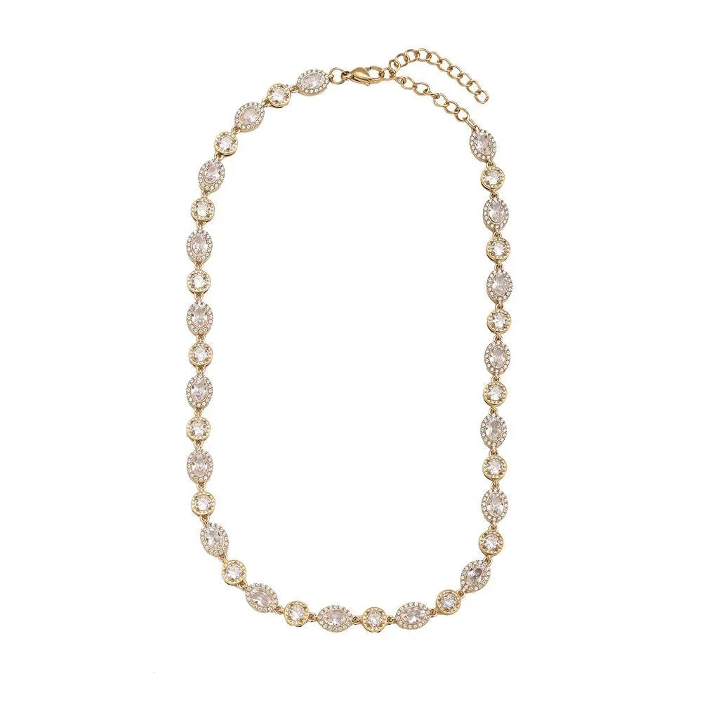 Goldfarbene Halskette mit ovalen und runden klaren Kristallen, verstellbarer Verschluss