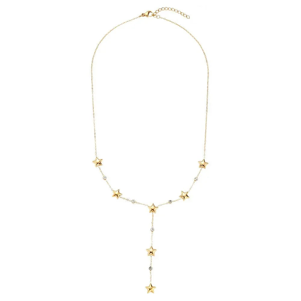 Goldfarbene Halskette mit Sternanhängern und kleinen Kristallen, eleganter Schmuck