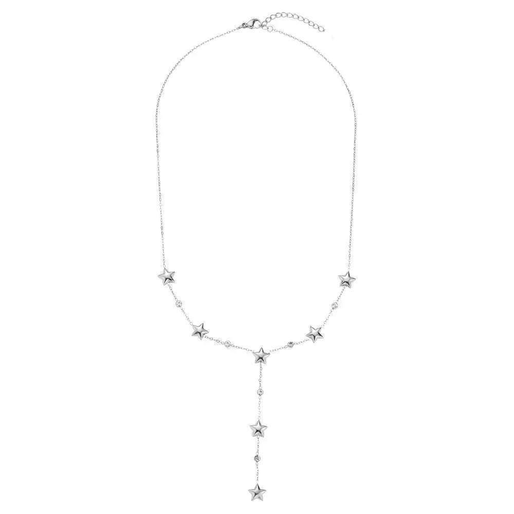 Silberne Halskette mit Sternanhängern und kleinen Kristallen, feine Kettenstruktur