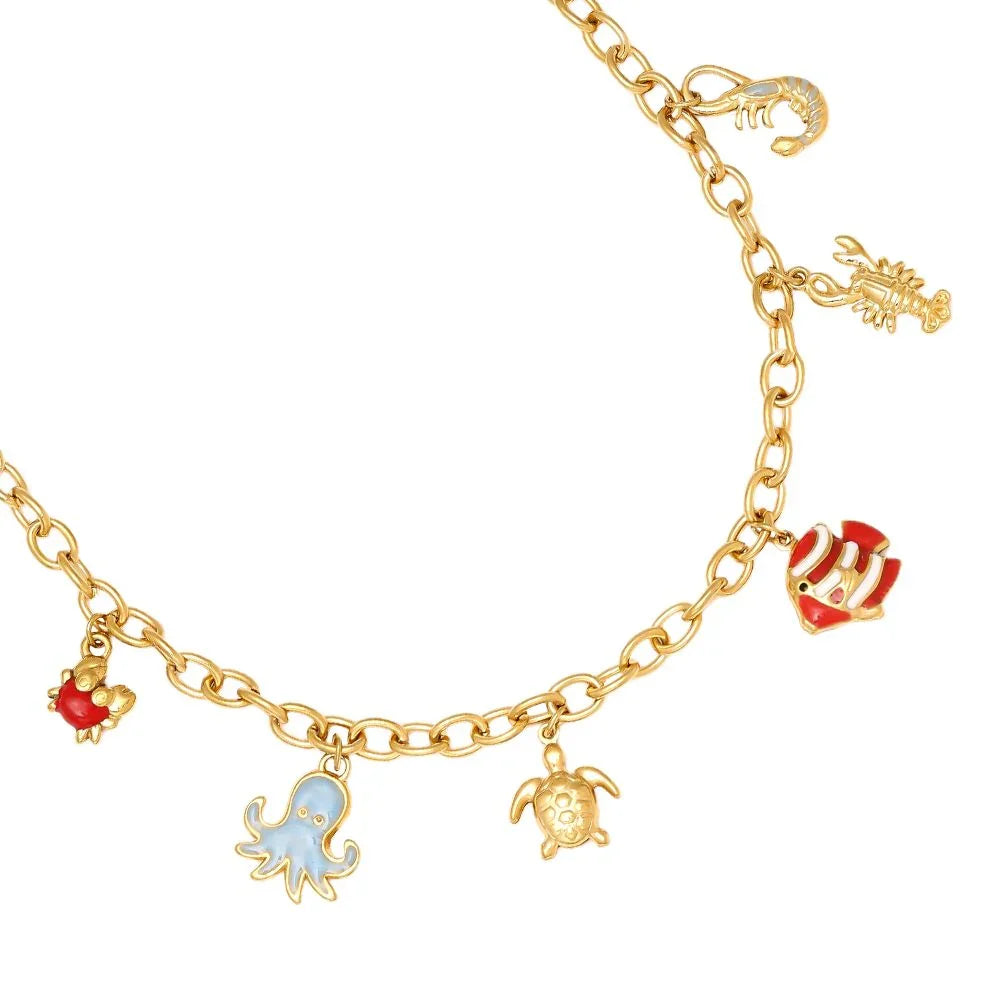 Goldfarbenes Armband mit maritimen Anhängern aus Krabbe, Oktopus, Schildkröte, Fisch, Skorpion und Garnele