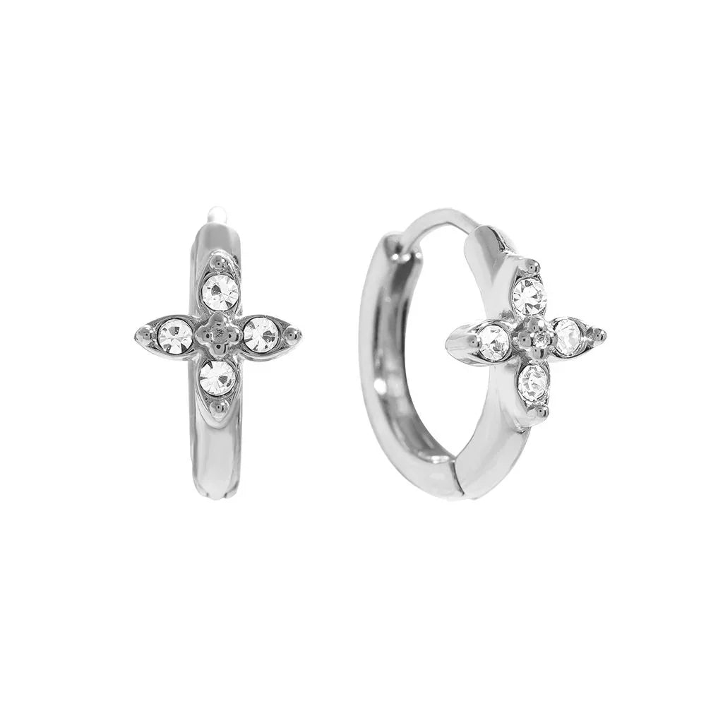 Silberne Creolen Ohrringe mit funkelnden Kreuzförmigen Kristallsteinen