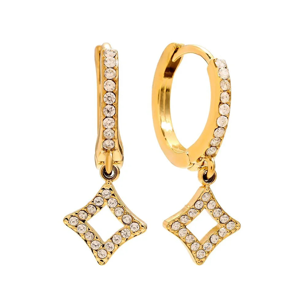 Goldene Creolen Ohrhänger mit funkelnden klaren Zirkonia-Steinen in Diamant-Form