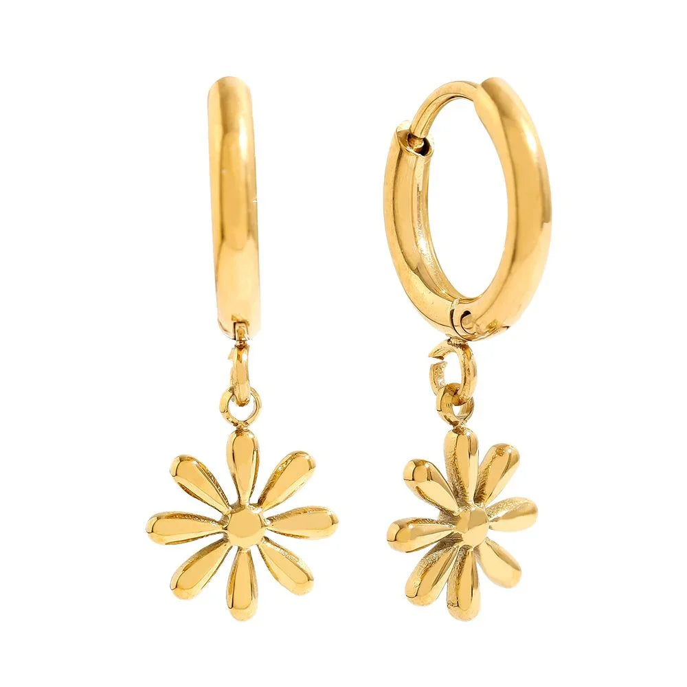 Goldene Creolen Ohrringe mit hängenden Blütenanhängern, glänzender Modeschmuck