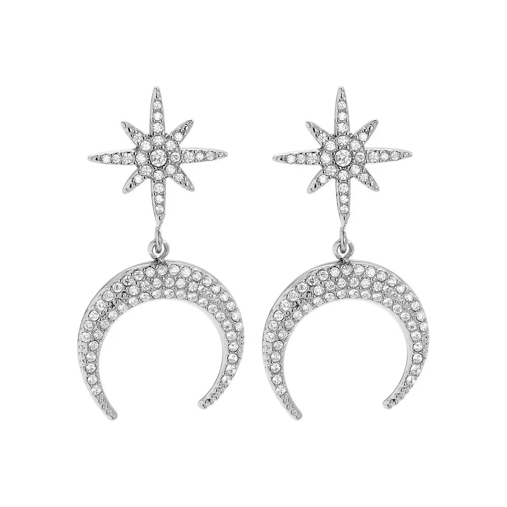 Silberne Ohrringe mit Stern- und Halbmond-Design, besetzt mit klaren Kristallen