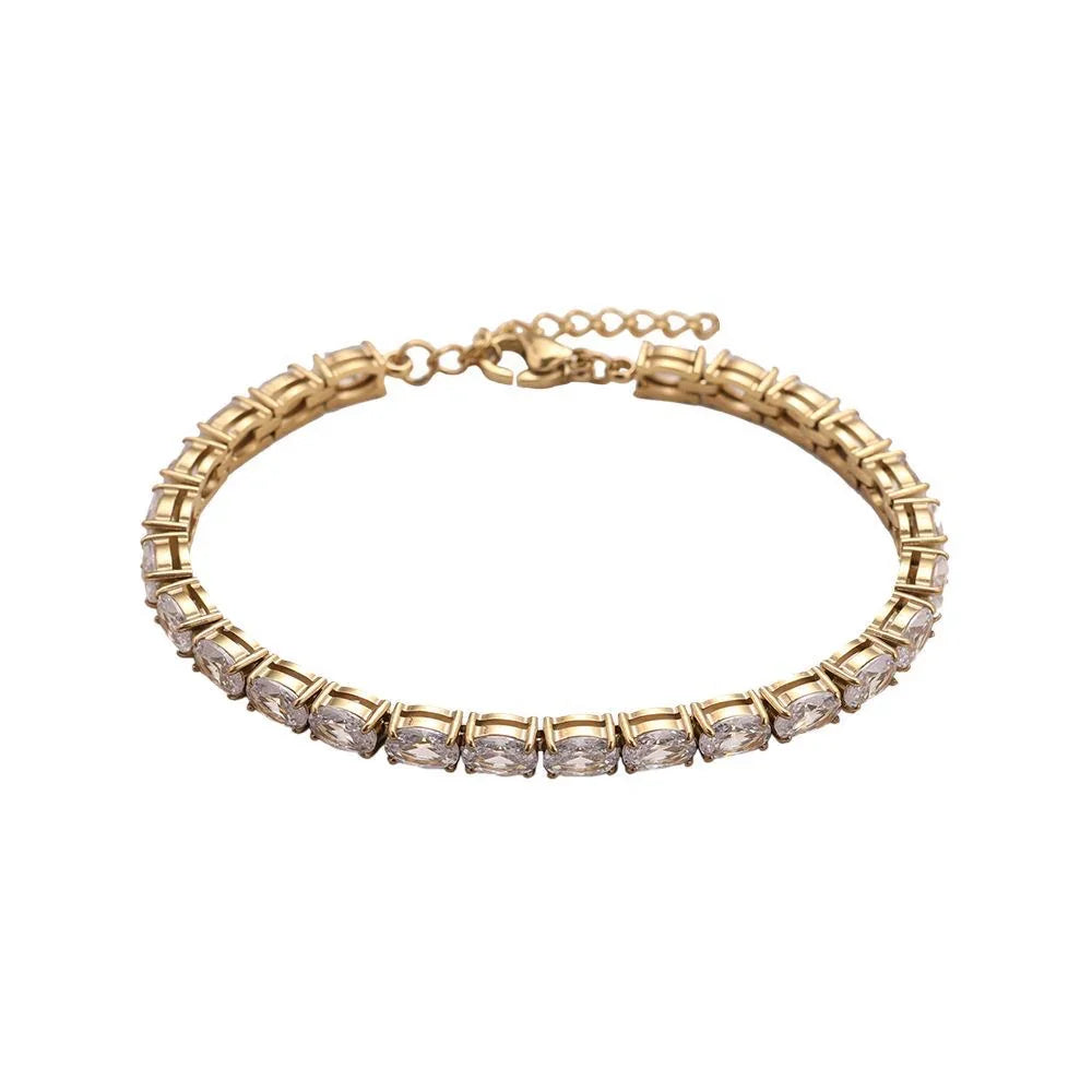 Goldfarbenes Tennisarmband mit rechteckigen klaren Edelsteinen, verstellbarer Verschluss