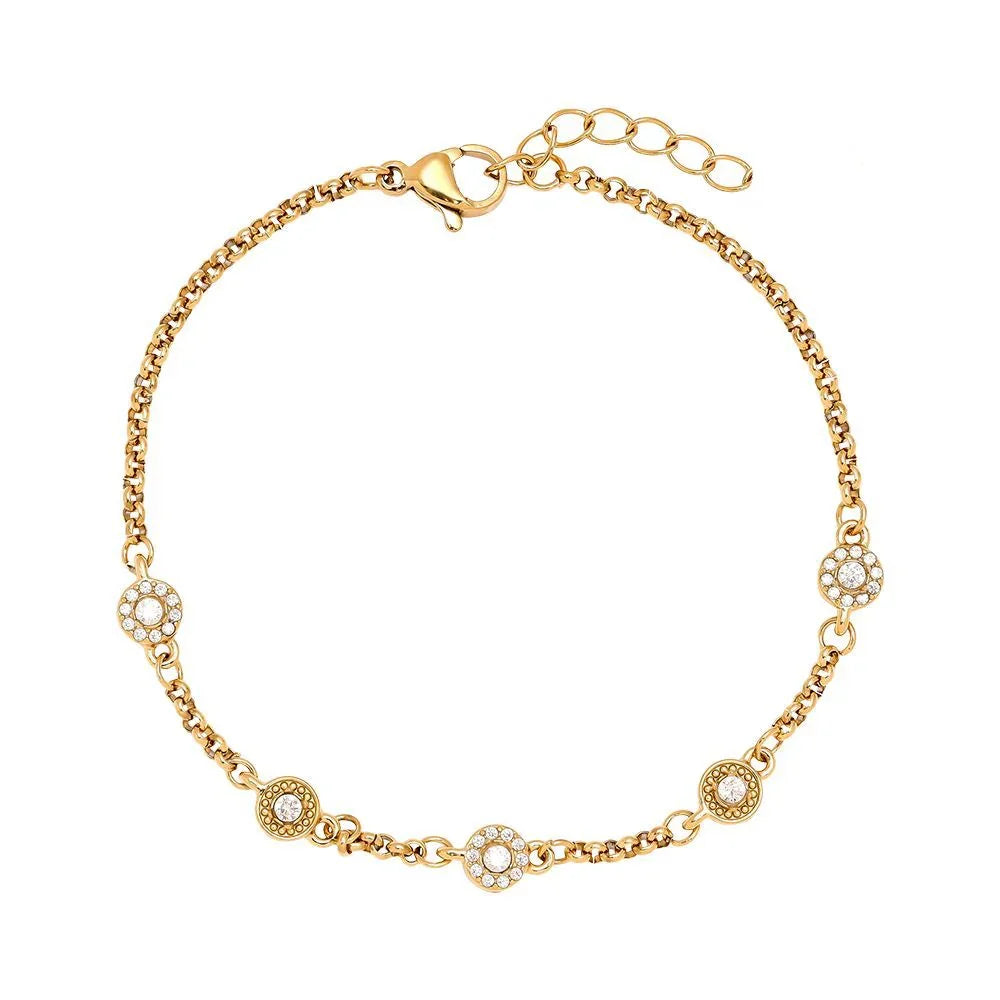 Feines goldfarbenes Armband mit funkelnden Kristall-Rundanhängern, verstellbares Schmuckstück