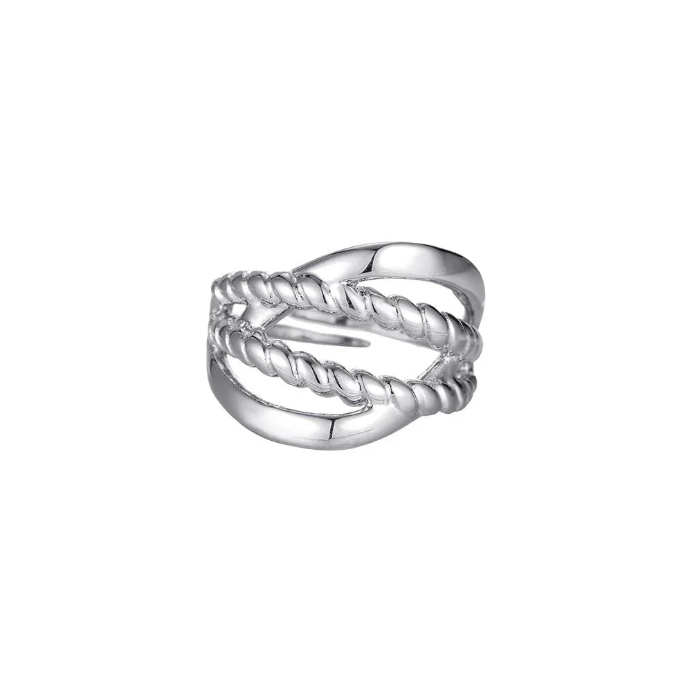 Silberner Ring mit verdrehten Seil- und glatten Elementen, moderner Schmuck