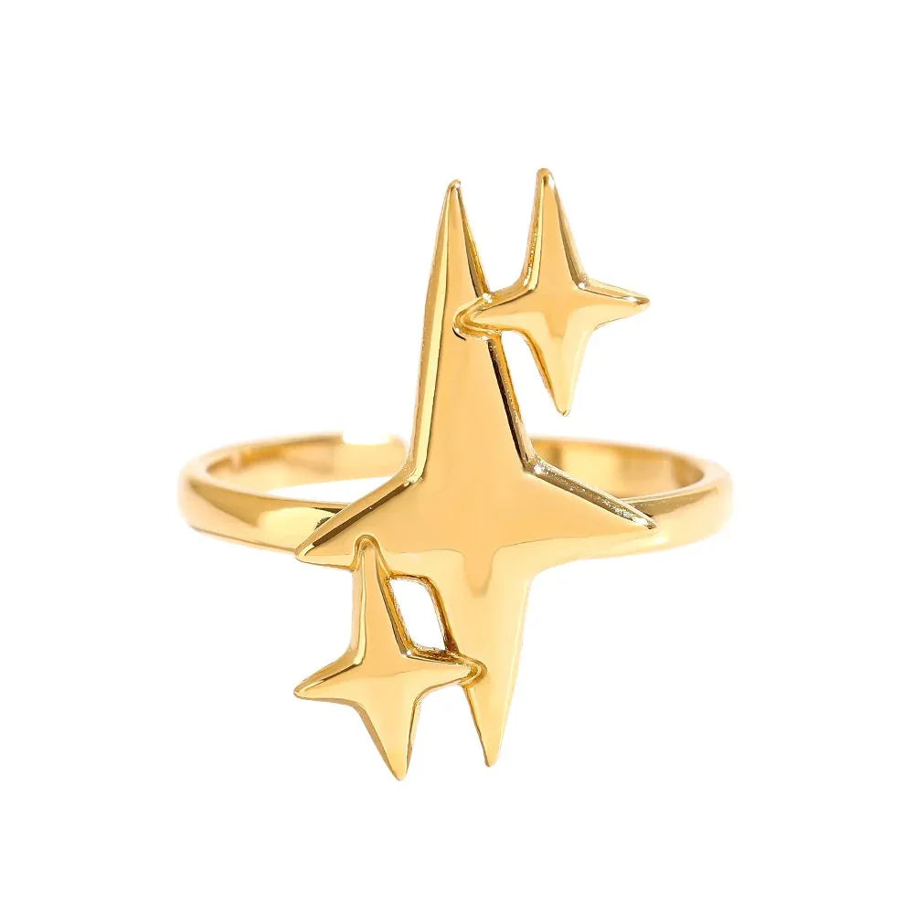 Goldener Stern-Ring mit drei strahlenden Stern-Designs, glänzend und modern