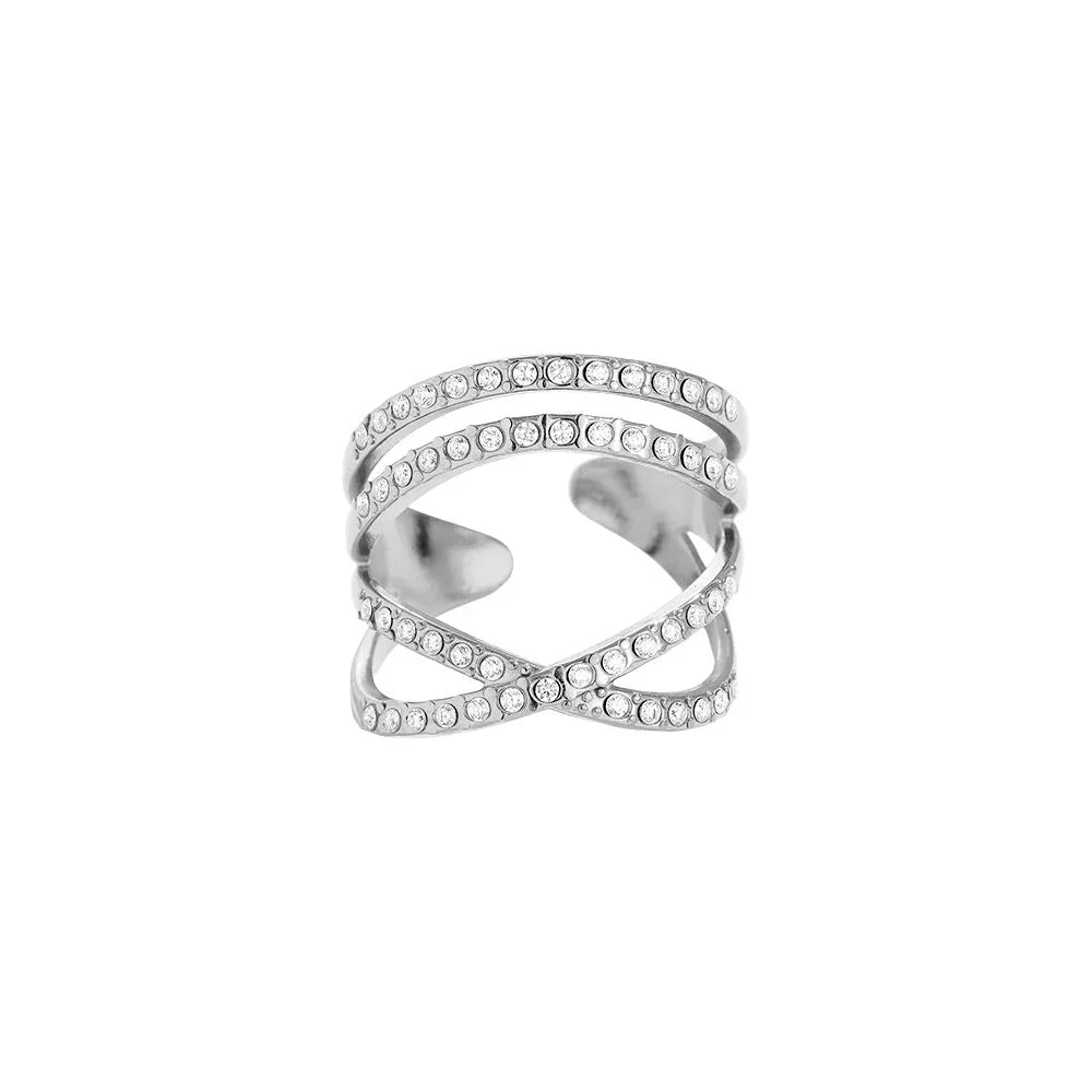 Silberner Damenring mit überkreuzten Linien und funkelnden Kristallsteinen