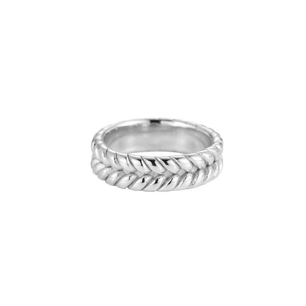 Silberner Ring mit gedrehtem Seil-Design auf weißem Hintergrund