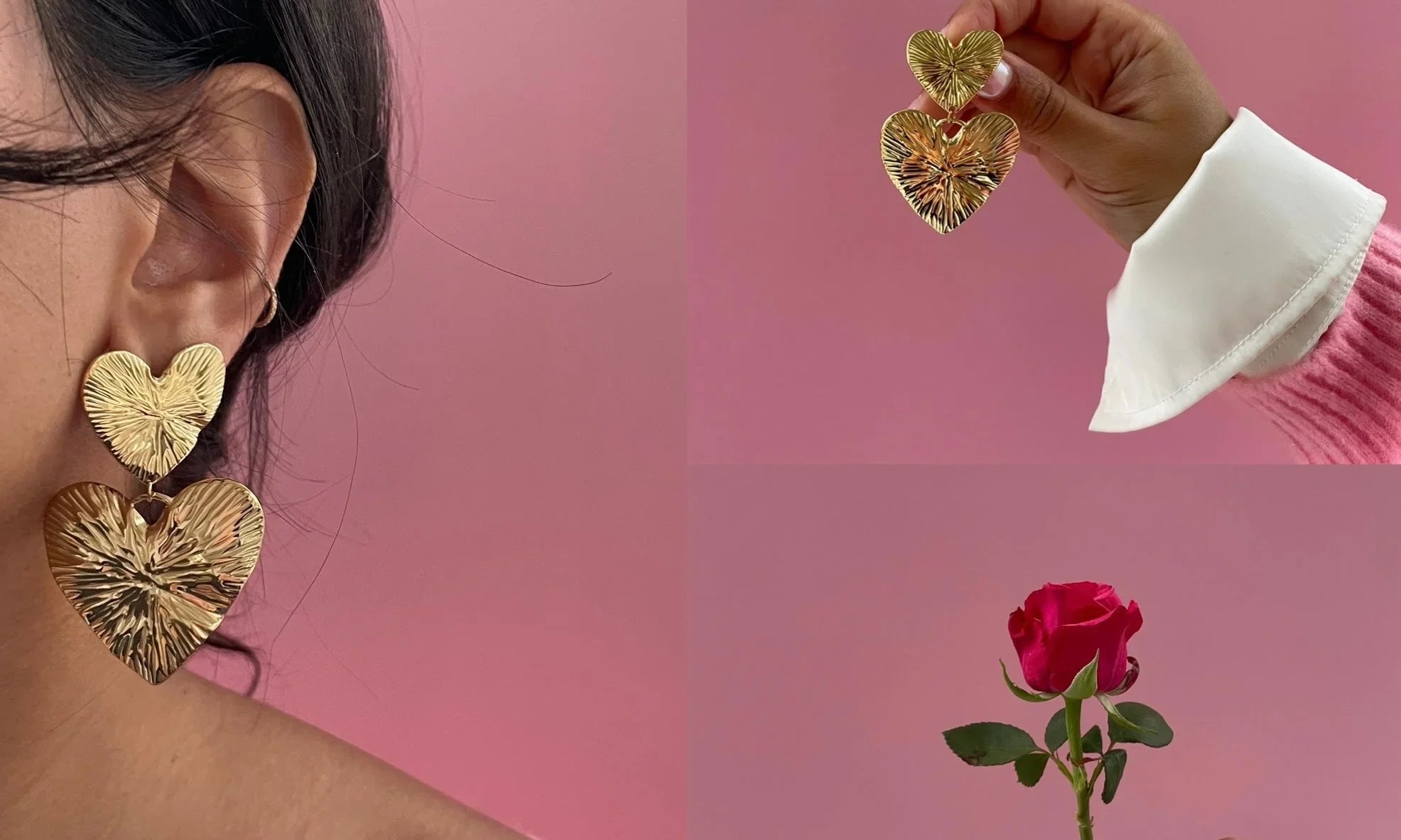 Goldene, geprägte Herz-Ohrringe an Ohr einer Frau, gehalten von Hand mit roter Rose vor rosa Hintergrund